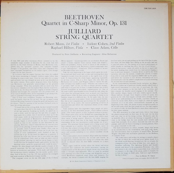 lataa albumi Beethoven, Juilliard String Quartet - Quartet In C Sharp Minor Op 131