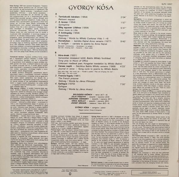 ladda ner album György Kósa, Boldizsár Keönch, Júlia Pászthy, Adrienne Csengery, Erika Sziklay, József Gregor - Songs To Poems By Hungarian Poets