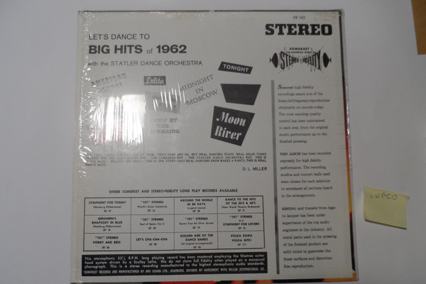 The Statler Dance Orchestra - Let's Dance To Big Hits 1962 | Somerset (S-162) - 2