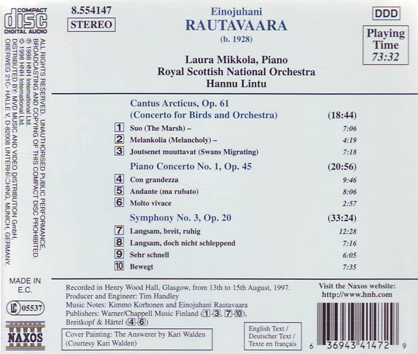 last ned album Einojuhani Rautavaara Laura Mikkola, Royal Scottish National Orchestra, Hannu Lintu - Cantus Arcticus Piano Concerto No 1 Symphony No 3