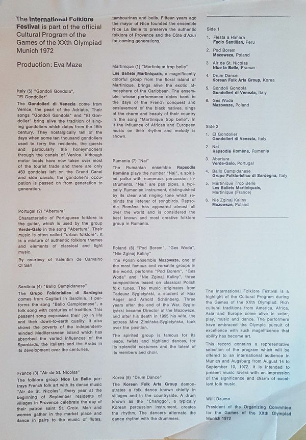 Album herunterladen Various - Eine Auswahl Aus Dem Offiziellen Folklore Programm Der Olympischen Spiele München 1972