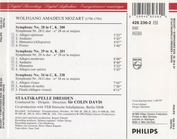 last ned album Mozart Staatskapelle Dresden, Sir Colin Davis - Symphonies No 28 No 29 No 34