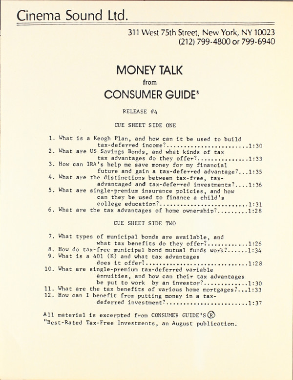 descargar álbum Unknown Artist - Money Talk From Consumer Guide