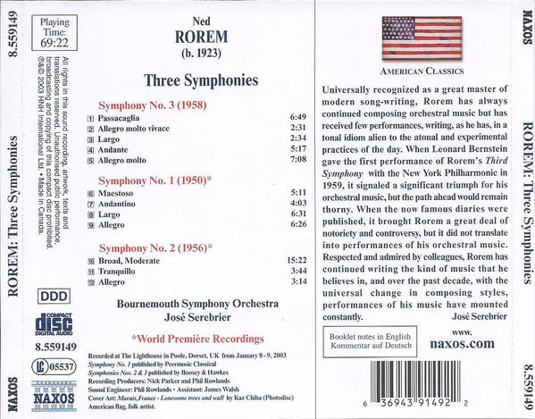 ladda ner album Ned Rorem Bournemouth Symphony Orchestra José Serebrier - Three Symphonies