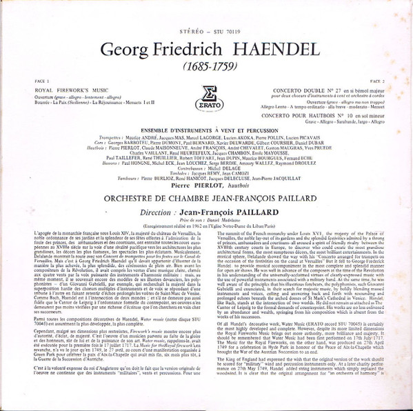 G.F. Haendel - Jean-François Paillard - Royal Firework's Music - Musique Pour Un Feu D'Artifice / Concerto A Double Chœr En Si Bemol Majeur - Concerto Pour Hautbois En Sol Mineur | Erato (STU 70119) - 2