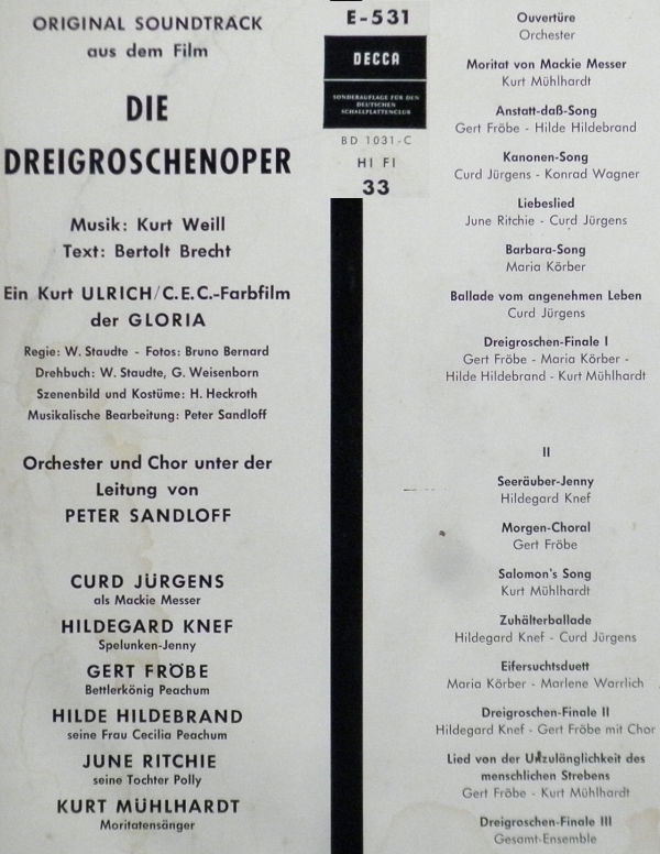 ladda ner album Bertolt Brecht Und Kurt Weill Curd Jürgens, Hildegard Knef, Gert Fröbe, Hilde Hildebrand, June Ritchie - Die Dreigroschenoper
