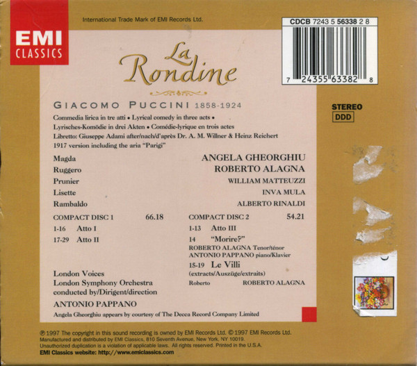 ladda ner album Gheorghiu, Alagna, Matteuzzi, Mula, Rinaldi, Pappano, London Symphony Orchestra, London Voices, Puccini - La Rondine