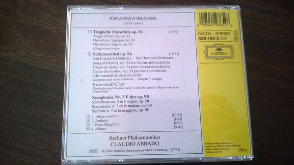 lataa albumi Brahms, Berliner Philharmoniker, Claudio Abbado, Ernst Senff Chor Berlin - Symphonie No3 Tragische Ouvertüre Schicksalslied