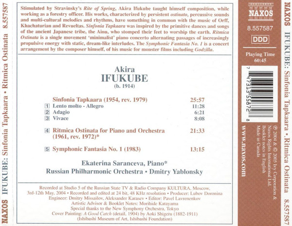 Album herunterladen Akira Ifukube Ekaterina Saranceva, Russian Philharmonic Orchestra, Dmitry Yablonsky - Sinfonia Tapkaara Ritmica Ostinata Symphonic Fantasia No 1