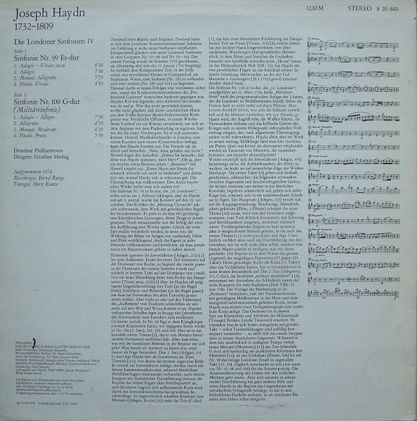 ladda ner album Haydn Dresdner Philharmonie, Günther Herbig - Die Londoner Sinfonien IV Sinfonie Nr 99 Es dur Sinfonie Nr 100 G dur Militärsinfonie