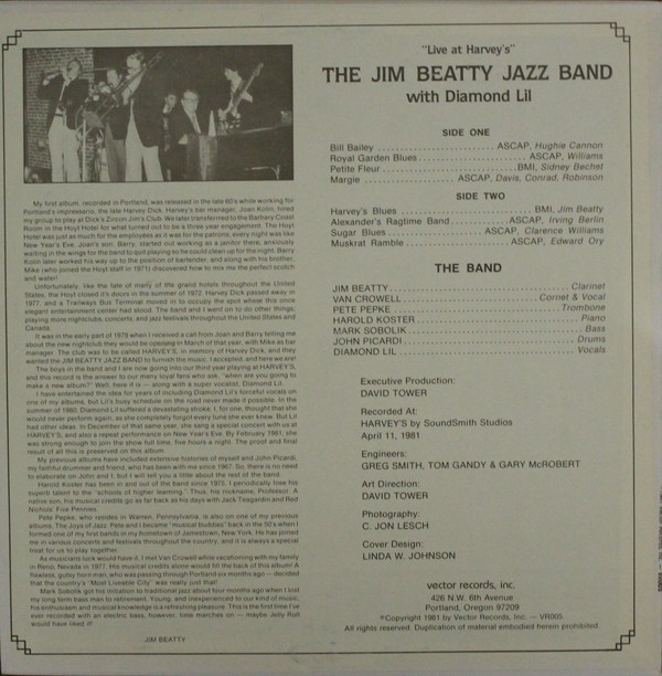 The Jim Beatty Jazz Band With Diamond Lil - Live At Harvey's | Vector Records, Inc. (VR005) - 2