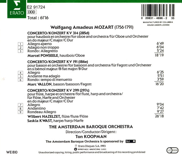 Album herunterladen Mozart, The Amsterdam Baroque Orchestra, Ton Koopman - Concertos For Flute Harp KV 299 Oboe Concerto KV 314 Bassoon Concerto KV 191