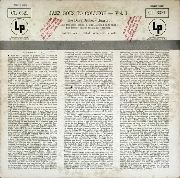 The Dave Brubeck Quartet - Jazz Goes To College Vol. I | Columbia (CL 6321) - 2