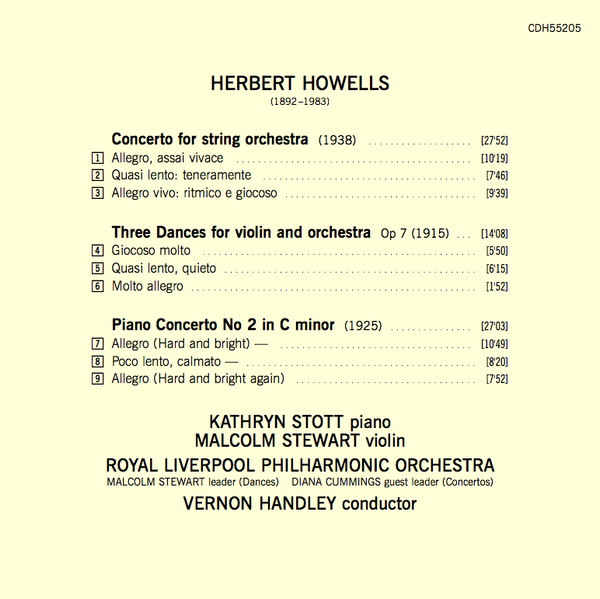 lataa albumi Howells Kathryn Stott, Malcolm Stewart, Royal Liverpool Philharmonic, Vernon Handley - Piano Concerto No 2 Concerto For Strings Three Dances