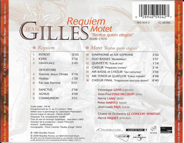 descargar álbum Jean Gilles, Le Concert Spirituel, Hervé Niquet - Requiem Motet Beatus Quem Elegisti