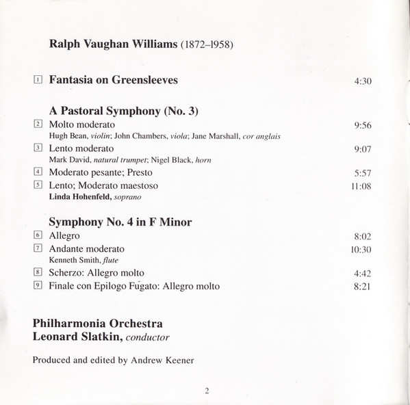 ladda ner album Vaughan Williams, Leonard Slatkin, Philharmonia Orchestra, Linda Hohenfeld - Symphonies Nos 3 4 Fantasia On Greensleeves