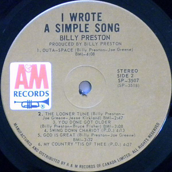 Billy Preston - I Wrote A Simple Song | A&M Records (SP-3507) - 4