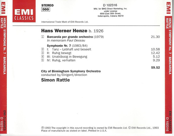 ladda ner album Hans Werner Henze Simon Rattle, City Of Birmingham Symphony Orchestra - Symphonie Nr 7 Barcarola Per Grande Orchestra
