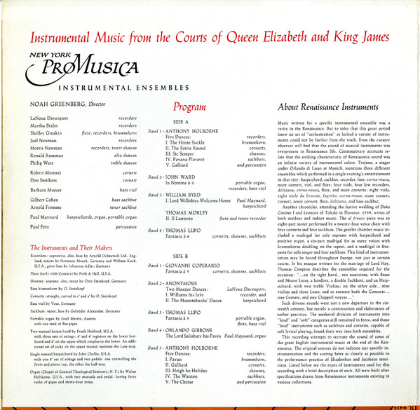 Oral incrementar bolígrafo New York Pro Musica – Instrumental Music From The Courts Of Queen Elizabeth  And King James (1962, Vinyl) - Discogs