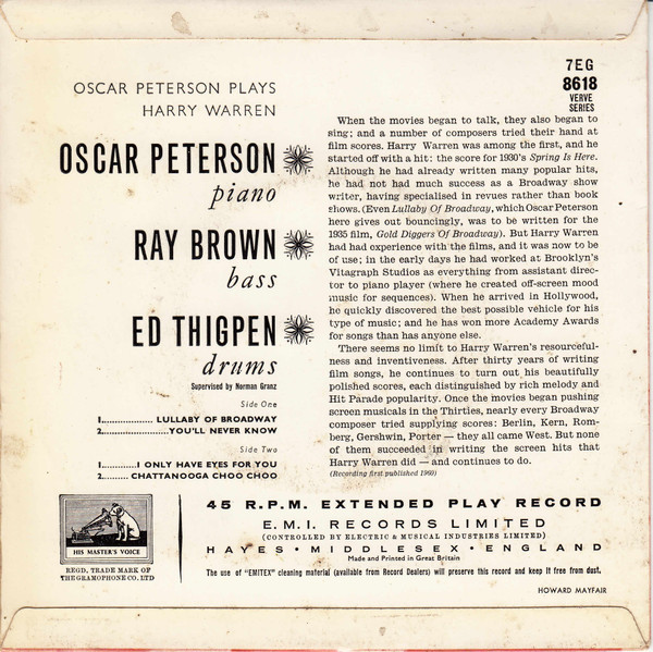 Oscar Peterson - Oscar Peterson Plays Harry Warren | His Master's Voice (7EG 8618) - 2