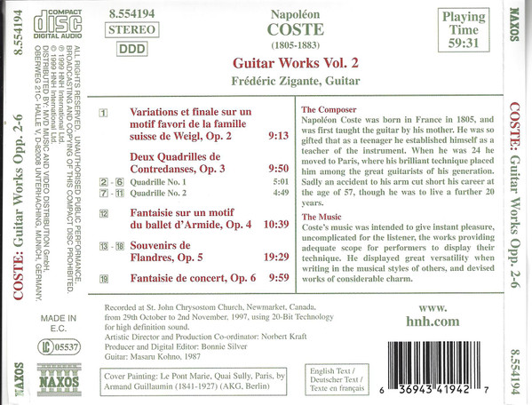 descargar álbum Napoléon Coste Frédéric Zigante - Guitar Works Vol 2 Souvenirs De Flandres Op5 Fantaisie De Concert Op6