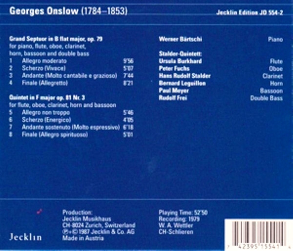 descargar álbum Georges Onslow Werner Bärtschi, StalderQuintett, Rudolf Frei - Grand Septuor In B Flat Major For Piano Wind Quintet And Double Bass Wind Quintet In F Major