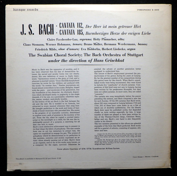 Album herunterladen J S Bach The Swabian Choral Society, Bach Orchestra Of Stuttgart Under The Direction Of Hans Grischkat - Cantata No 112 Cantata No 185