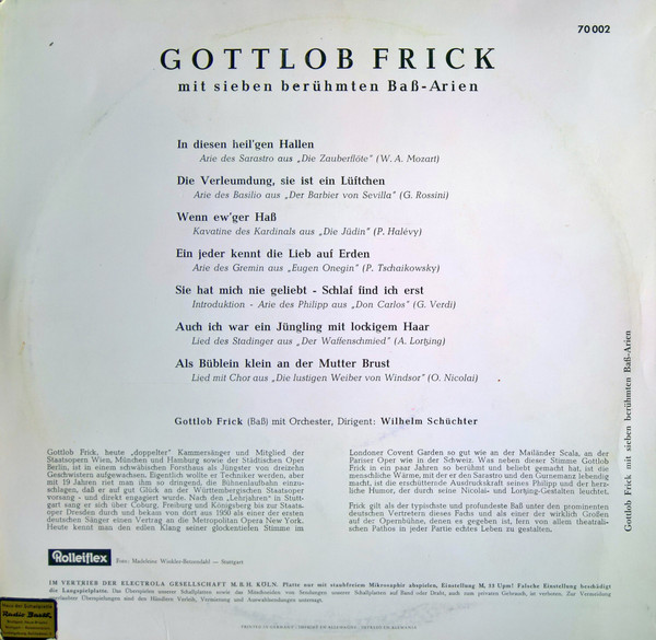 last ned album Gottlob Frick - Gottlob Frick Mit Sieben Berühmten Bass Arien