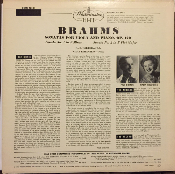 last ned album Brahms Paul Doktor, Nadia Reisenberg - Sonatas For Viola And Piano Opus 120 No 1 In F Minor No 2 In E Flat Major