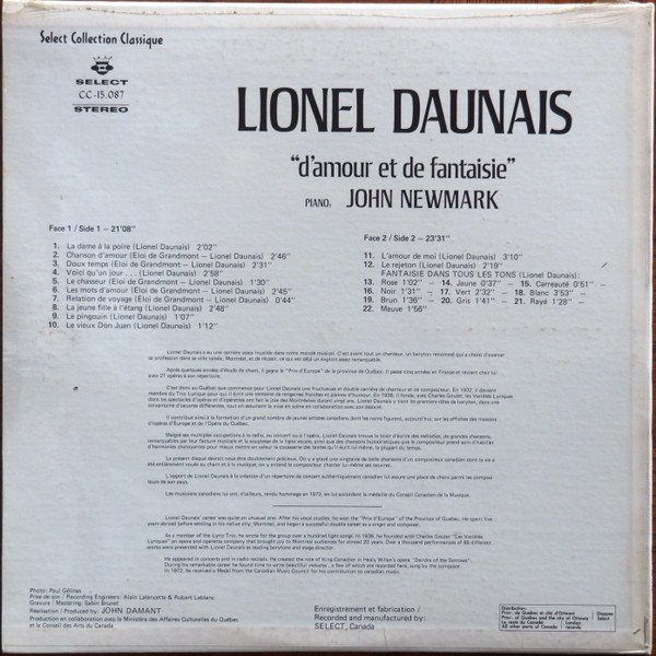 descargar álbum Lionel Daunais, John Newmark - DAmour Et De Fantaisie