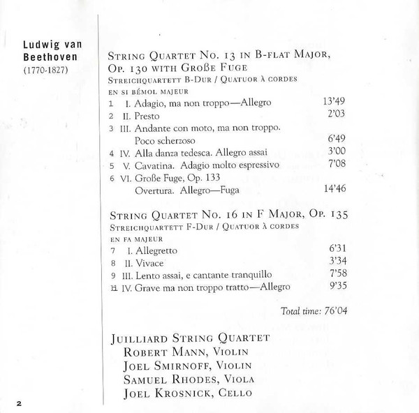 last ned album Beethoven, Juilliard String Quartet - String Quartet No 13 Op 130 with Große Fuge String Quartet No 16 Op 135