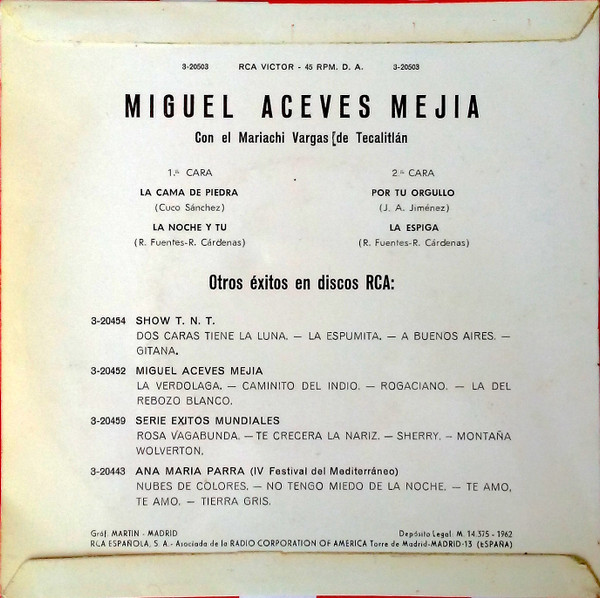 télécharger l'album Miguel Aceves Mejia Con El Mariachi Vargas De Tecalitlan - La Cama De Piedra La Noche Y Tú Por Tu Orgullo La Espiga