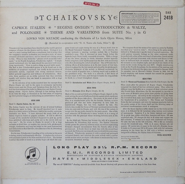 ladda ner album Tchaikovsky, The Orchestra Of La Scala, Milan, Lovro Von Matacic - Caprice Italien Eugene Onegin Introduction Waltz And Polonaise Theme And Variations From Suite No 3 In G