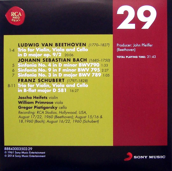 télécharger l'album Heifetz, Primrose, Piatigorsky Beethoven, Bach, Schubert - Beethoven Trio In D Op 9 No2 Bach Three Sinfonias Schubert Trio No 2 In B Flat