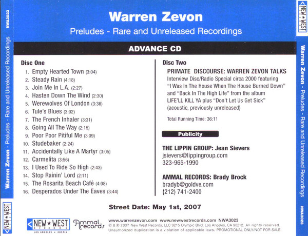 Warren Zevon - Preludes: Rare And Unreleased Recordings | Releases