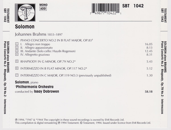 Album herunterladen Brahms Solomon , Philharmonia Orchestra, Issay Dobrowen - Piano Concerto No2 Rhapsody Op79 No2 Intermezzo Op117 No2 Intermezzo Op119 No3