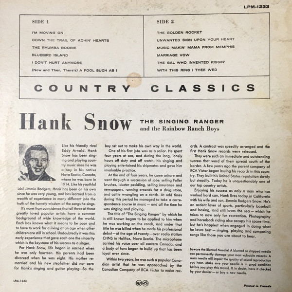 Hank Snow The Singing Ranger And His Rainbow Ranch Boys - Country Classics | RCA Victor (LPM-1233) - 2