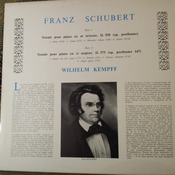 ladda ner album Schubert, Wilhelm Kempff - Sonates Pour Piano En Ut Mineur D 958 Op Posthume En Si Bémol Majeur D 575 Op Posthume