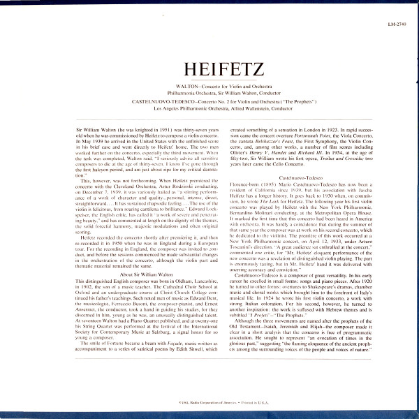 télécharger l'album Jascha Heifetz, Walton, CastelnuovoTedesco - Violin Concertos