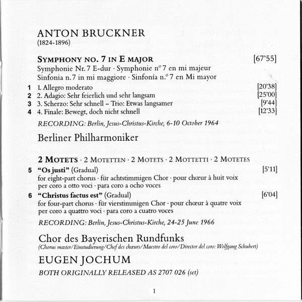 ladda ner album Eugen Jochum Bruckner, Berliner Philharmoniker - Symphony No 7 Motets Os Justi Christus Factus Est