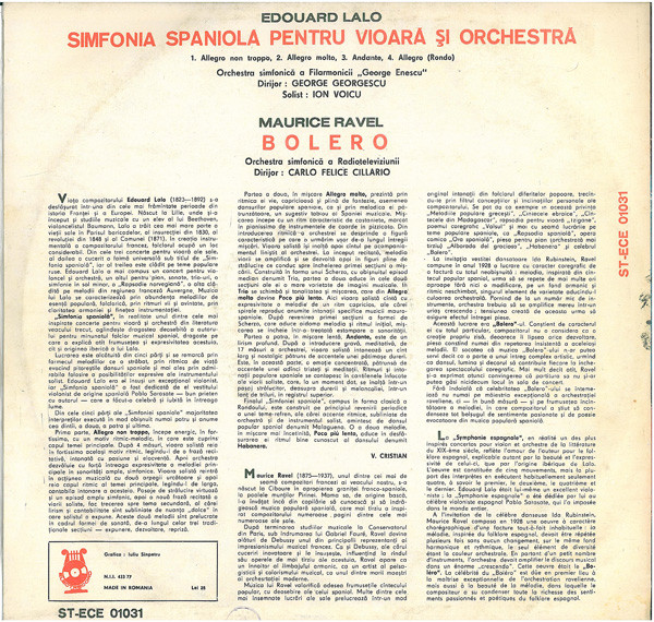 baixar álbum Lalo Ravel Orchestra Simfonică A Filarmonicii George Enescu Dirijor George Georgescu Solist Ion Voicu Orchestra Simfonică A Radioteleviziunii Dirijor Carlo Felice Cillario - Simfonia Spaniolă Pentru Vioră Și Orchestră Bolero