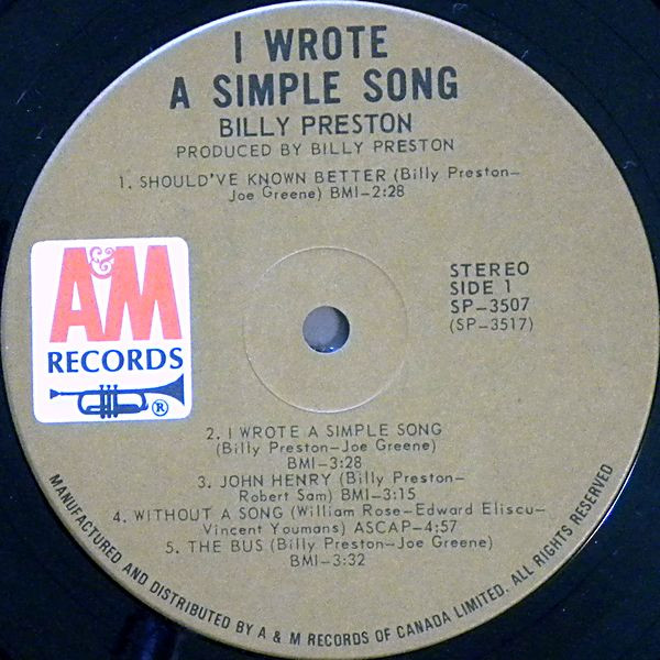 Billy Preston - I Wrote A Simple Song | A&M Records (SP-3507) - 3