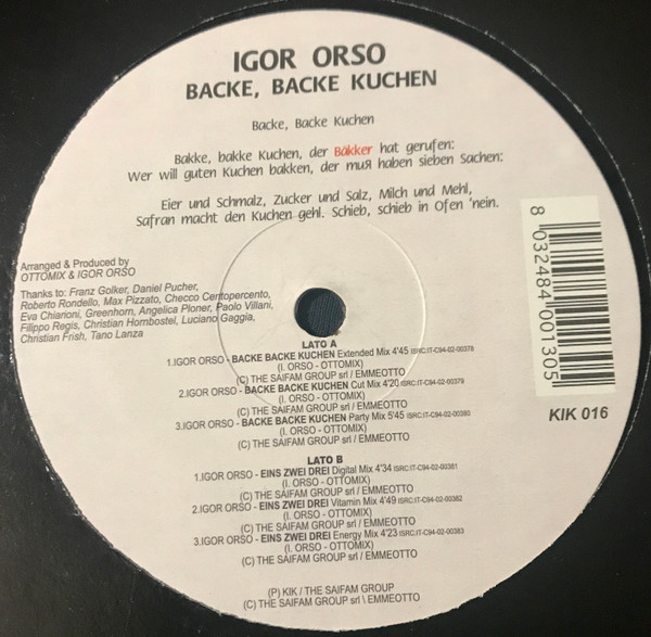 Igor Orso - Backe Backe Kuchen / Eins Zwei Drei | KIK (KIK 016) - 2