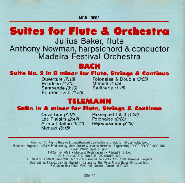 baixar álbum Julius Baker, Anthony Newman, Madeira Festival Orchestra - Bach Telemann Suites For Flute Orchestra
