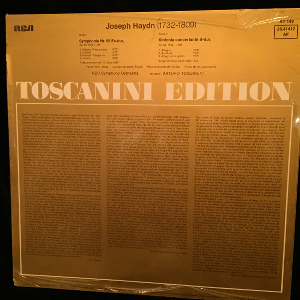 last ned album Haydn, Arturo Toscanini, NBC Symphony Orchestra - Joesph Haydn Symphonie Nr 99 Sinfonia Concertante B dur