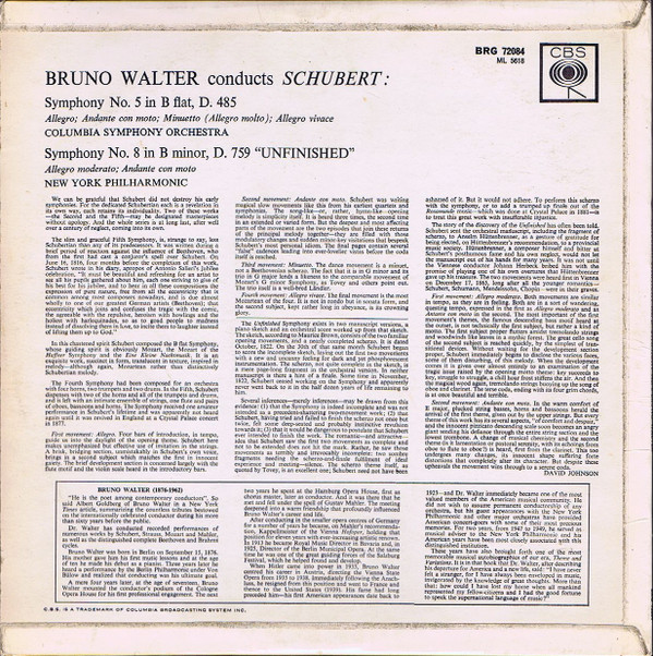 Album herunterladen Bruno Walter Conducts Schubert, Columbia Symphony Orchestra, New York Philharmonic - Symphony No 8 In B Minor Unfinished Symphony No 5 IN B Flat