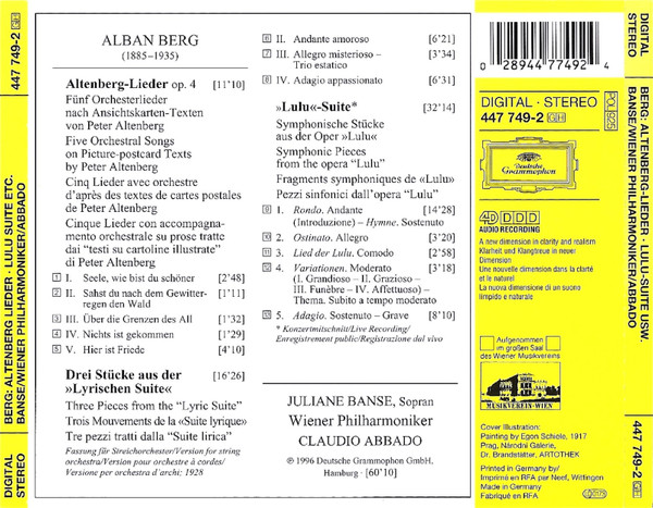 descargar álbum Alban Berg Claudio Abbado - Lulu Suite Three Pieces For Orchestra Five Orchestral Songs