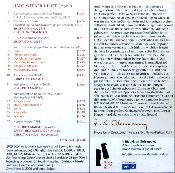 ladda ner album Hans Werner Henze, Christian Chamorel, Sigfried Mauser & Friends - Edition Klavier Festival Ruhr