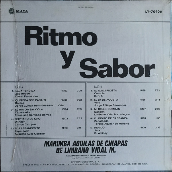 Marimba Aguilas De Chiapas De Limbano Vidal M. – Ritmo Y Sabor (1970,  Vinyl) - Discogs