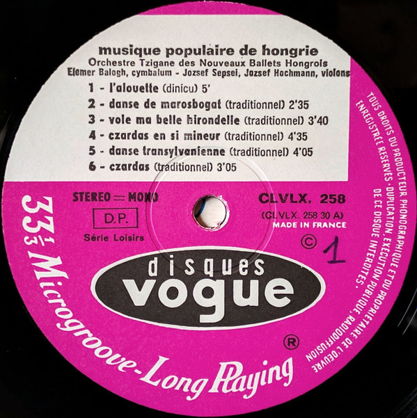 Orchestre Tzigane Des Nouveaux Ballets Hongrois - Musique Populaire De Hongrie | Vogue (CLVLX 258) - 3